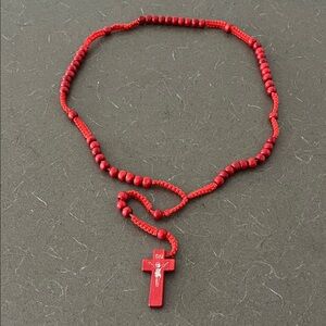 Red Wooden Beaded Rosary Necklace